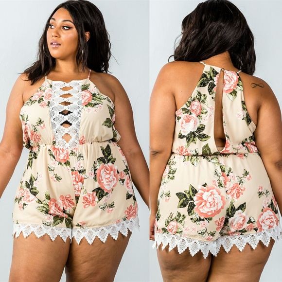 PLUS SIZE TAUPE SLEEVELESS CROCHET TRIM ROMPER - Picture 6 of 6